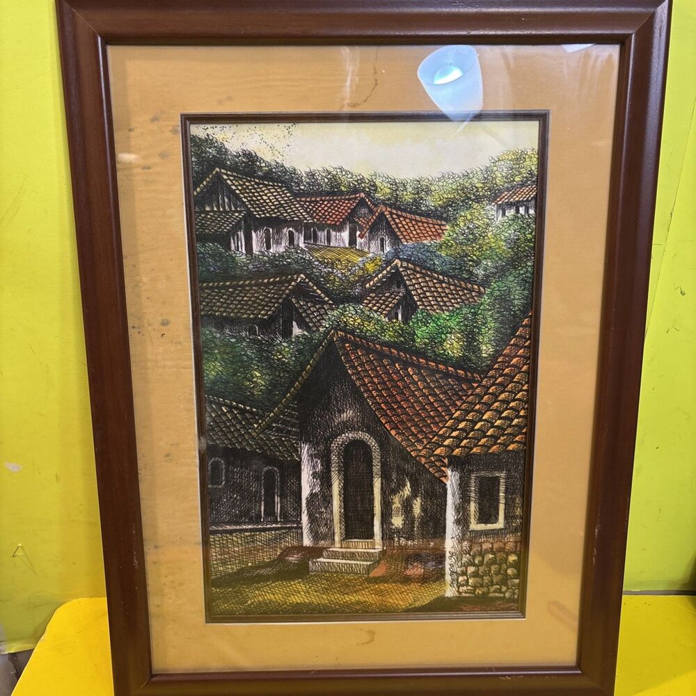 Vintage 1998 Framed Central American Folk Art Signed Painting Village By Ocampo